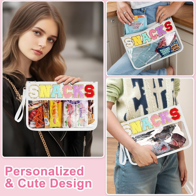 TESAFNG Snack Bag for Travel - Clear Chenille Varsity Letter Flat Pouch with Zipper, 12.2×8.46 inch Waterproof Clear Nylon Preppy Patch Makeup Cosmetic tote Bags for Women Girls - Image 4